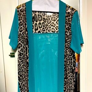 Crazy Train Teal and leopard print kimono OS